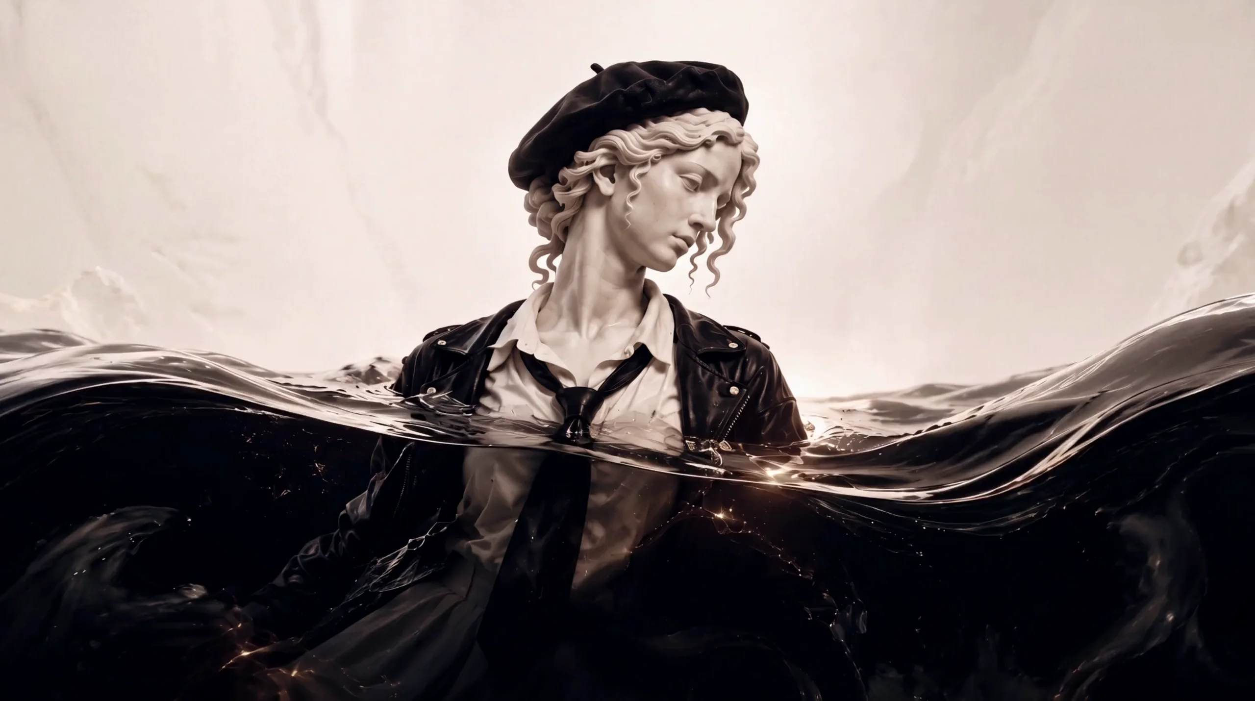 A marble statue of Eurydice in a beret and leather jacket, waist-deep in dark water